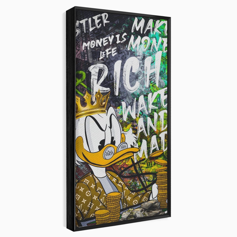 Tablou canvas cu tablou canvas cu scrooge mcduck si bani, in rama de aluminiu negru
